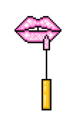 Parlak, pembe, parlak dudak parlatıcısı süren bir kız. Beyaz üzerine izole edilmiş 8 bit piksel resim. Makyaj ürünü. Dudak estetiği. Eski moda antika 80 'ler, 90' lar 2D bilgisayar, video oyunu, slot makinesi grafikleri.