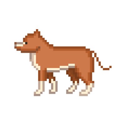 Pikselli sanat eseri Amerikan Bulldog 'u, beyaz arka planda izole edilmiş 8 bit kenar manzaralı köpek karakteri. Evcil hayvan ikonu. Eski moda antika 80 'ler, 90' lar 2D bilgisayar, video oyunu, slot makinesi grafikleri.