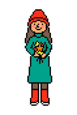 Bere şapkalı pikselci kız, süveter elbiseli ve sonbahar yapraklı lastik çizmeli beyaz tenli. Sonbahar yürüyüşü 8 bit karakter. Vintage retro 2d bilgisayar, video oyunu, slot makinesi grafikleri.