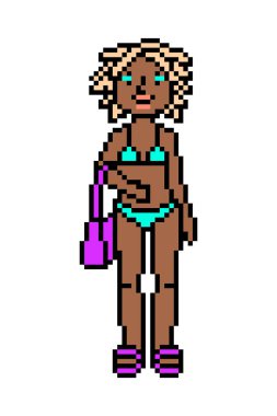 Mavi bikini, pembe parmak arası terlik ve beyaz üzerine izole edilmiş plaj çantası giyen siyah pikselli kız. 8 bit yaz karakteri. Klasik 80 'ler, 90' lar 2d bilgisayar, video oyunu, slot makinesi grafikleri.
