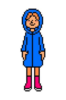 Mavi kapüşonlu yağmurluk ve kırmızı lastik çizmeli pikselci kız. 8 bit karakter, sonbahar kıyafetindeki kadın. Eski moda 80 'ler, 90' ların bilgisayar, video oyunu, slot makinesi grafikleri.