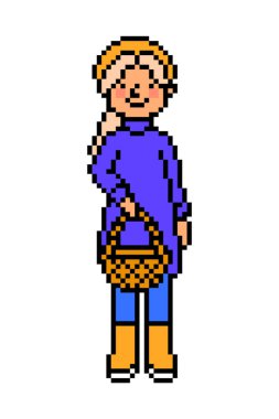 Beyaz sepetli pikselci kız. 8 paralık karakter, sonbahar ormanında mantar avında bir kadın. Eski moda antika 80 'ler, 90' lar 2D bilgisayar, video oyunu, slot makinesi grafikleri.