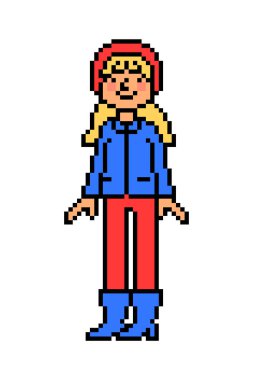 Pikseldeki kırmızı şapkalı ve pantolonlu sarışın kız, beyaz ceketli ve botlu. Sonbahar, kış, bahar yürüyüşü. 8 bit kadın karakteri. Eski model 2D bilgisayar, video oyunu, slot makinesi grafikleri..