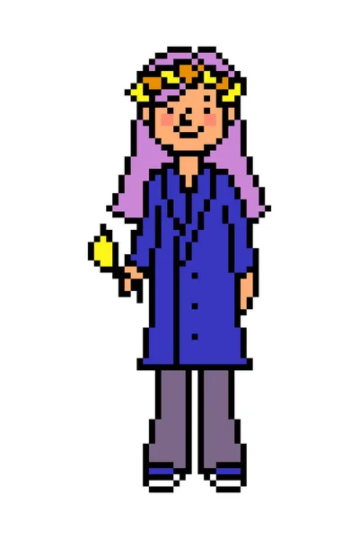 Pixel Art Girl Otoño Corona Hojas Abrigo Azul Aislado Sobre — Archivo Imágenes Vectoriales