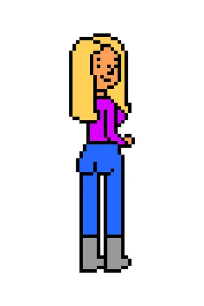 Pixel Arte Chica Rubia Pie Mirando Por Encima Hombro Personaje — Archivo Imágenes Vectoriales