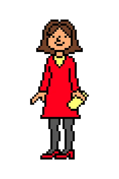 Pixel Τέχνη Κομψή Κυρία Ένα Κόκκινο Φόρεμα Ένα Συμπλέκτη Στέκεται — Διανυσματικό Αρχείο
