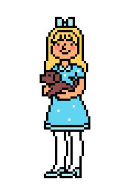 Elinde köpek tutan gülümseyen bir kadın, beyaz arka planda izole edilmiş 8 bit piksellik resim karakteri. Köpekli bir kız. Mutlu bir hayvan sahibi. Eski moda 80 'ler, 90' ların bilgisayar, video oyunu, slot makinesi grafikleri..