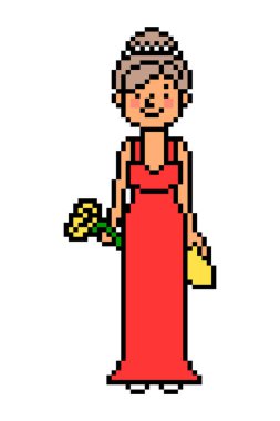 Uzun kırmızı kokteyl elbisesi içindeki mutlu kadın elinde bir buket sarı çiçek ve debriyaj çantası, beyaz üzerine izole edilmiş pikselli resim karakteri tutuyor. 8 paralık doğum günü partisi kızı. Sevgililer Günü kız arkadaşı.