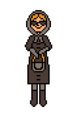60 'lı yılların modasına uygun giyinmiş, beyaz arka planda 8 bit pikselli sanat karakteri olan şık bir kadın. Siyah bir bayana benziyor. Eski usul 2d bilgisayar, video oyunu, slot makinesi grafikleri.