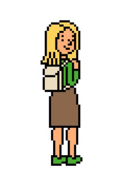 Omzunun üstünden bakan sırt çantalı mutlu okul kızı, beyaz arka planda 8 bit pikselli sanat karakteri. Üniversite, üniversite öğrencisi. Eski model 2D bilgisayar, video oyunu, slot makinesi grafikleri.