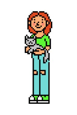 Elinde kedi tutan gülümseyen bir kadın, beyaz arka planda 8 bit piksel resim karakteri. Kedisi olan bir kız. Mutlu bir hayvan sahibi. Eski moda 80 'ler, 90' ların bilgisayar, video oyunu, slot makinesi grafikleri..