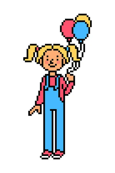 Happy Birthday Girl Ponytails Denim Jumpsuit Holding Balloons Bit Pixel — Διανυσματικό Αρχείο