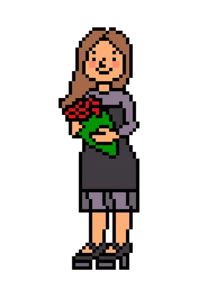 Femme Heureuse Robe Cocktail Noire Courte Tenant Bouquet Fleurs Personnage — Image vectorielle