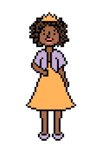 Pixel Arte Mujer Negra Una Corona Vestido Corto Hinchado Chaqueta — Vector de stock