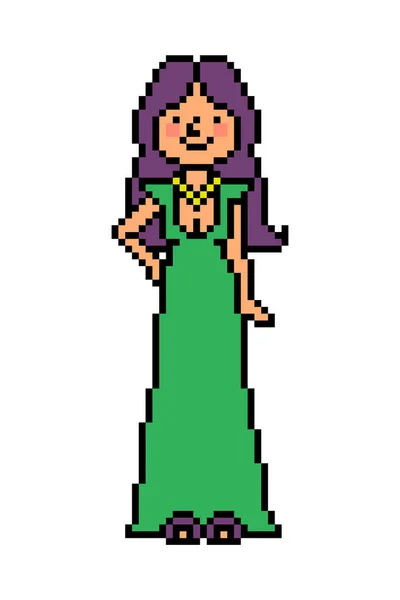 Mujer Pelo Largo Feliz Vestido Noche Verde Largo Personaje Arte — Vector de stock