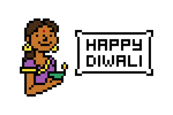 Happy Diwali Πορτρέτο Της Ινδής Γυναίκα Λάμπα Diya Bit Pixel — Διανυσματικό Αρχείο