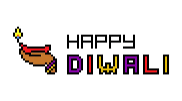 Pixel Art Happy Diwali Banner Lámpara Diya Manos Sobre Fondo — Vector de stock