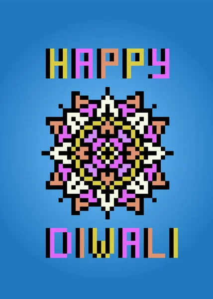 Pixel Art Happy Diwali Banner Mandala Bits Sobre Fondo Azul — Vector de stock