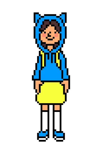 Εφηβικό Κορίτσι Κουκούλα Αυτιά Και Φούστα Bit Pixel Art Χαρακτήρα — Διανυσματικό Αρχείο
