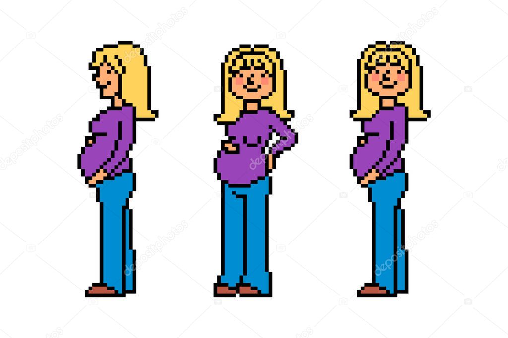 Pregnant woman touching her belly standing in 3 different poses, pixel art character sprites isolated on white background. Girl expecting a baby, set of 8 bit icons. Retro old school 2d game asset. 