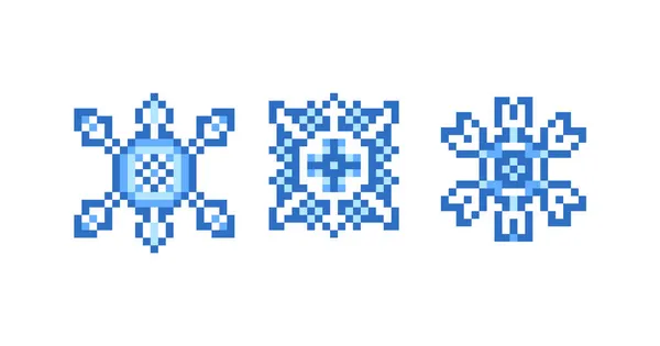 Set Fiocchi Neve Blu Pixel Art Isolati Sfondo Bianco Bit — Vettoriale Stock