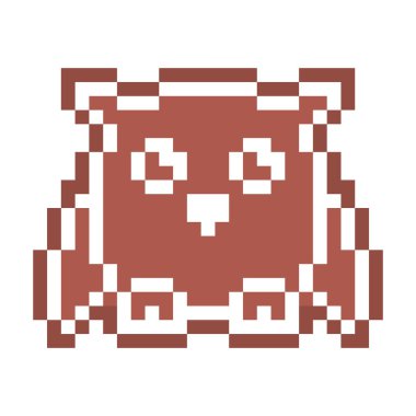 Beyaz şekerli süslemeyle süslenmiş pikselli zencefilli kurabiye baykuşu, beyaz arkaplanda 8 bit yiyecek ikonu. Baharatlı tatlı bisküvi. Noel tatlı kuşu şekilli süs. Kış tatili pastası.