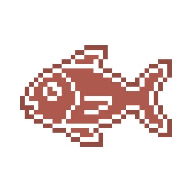 Beyaz şekerli süslemeyle süslenmiş pikselli zencefilli kurabiye balığı, beyaz arkaplanda 8 bit yiyecek ikonu. Tatlı, baharatlı bisküvi. Yenilebilir süs. Noel tatlısı. Kış tatili pastası