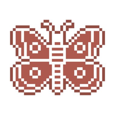 Beyaz şekerle süslenmiş pikselli zencefilli kurabiye kelebeği, beyaz arkaplanda 8 bit yiyecek ikonu. Tatlı, baharatlı bisküvi. Noel tatlı süsü. Kış tatili pastası.