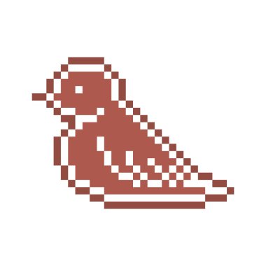 Beyaz şekerli süslemeyle süslenmiş pikselli zencefilli kurabiye kuşu, beyaz arkaplanda 8 bit yiyecek ikonu. Tatlı, baharatlı bisküvi. Noel tatlı süsü. Kış tatili pastası.