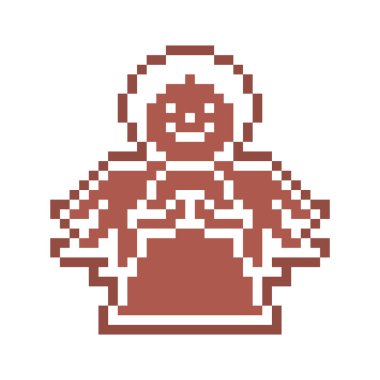 Pikselli zencefilli kurabiye, dua eden melek çocuk, beyaz arka planda 8 bit yiyecek ikonu ile süslenmiş. Baharatlı şekerli bisküvi. Noel tatlı süsü. Kış tatili pastası.