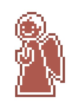 Pikselli zencefilli kurabiye, dua eden melek çocuk, beyaz arka planda 8 bit yiyecek ikonu ile süslenmiş. Baharatlı şekerli bisküvi. Noel tatlı süsü. Kış tatili pastası.