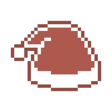 Beyaz şekerli süslemeyle süslenmiş pikselli zencefilli kurabiye Noel Baba şapkası, beyaz arka planda 8 bit yiyecek ikonu. Dondurulmuş bisküvi. Yenilebilir süs. Kış tatili pastası. Noel tatlısı.