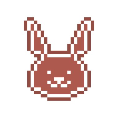 Beyaz şekerli süslemeyle süslenmiş pikselli zencefilli kurabiye tavşanı kafası, beyaz arkaplanda 8 bit yiyecek ikonu. Baharatlı şekerli bisküvi. Yenilebilir süs. Noel tatlısı. Kış tatili pastası