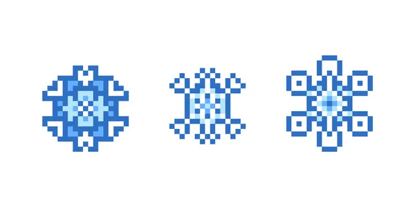 Set Fiocchi Neve Blu Pixel Art Isolati Sfondo Bianco Bit — Vettoriale Stock
