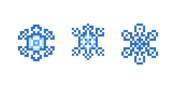 Set Copos Nieve Azul Pixel Art Aislados Sobre Fondo Blanco — Archivo Imágenes Vectoriales