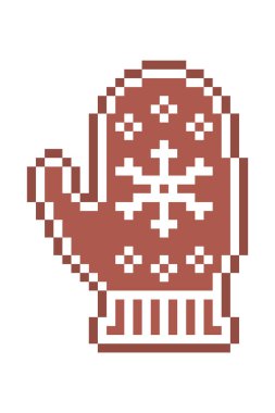 Pixel sanatı, kar taneli eldiven örer, beyaz şeker kremasıyla süslenmiş zencefilli kurabiye, beyaz arkaplanda 8 bit yiyecek ikonu. Dondurulmuş bisküvi. Noel tatlısı. Kış tatili pastası.