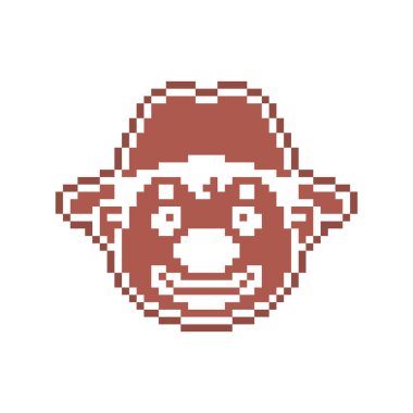 Şapkada pikselli palyaço kafası, beyaz şekerle süslenmiş zencefilli kurabiye, beyaz arkaplanda 8 bit yiyecek ikonu. Dondurulmuş çikolatalı bisküvi. Noel tatlısı. Kış tatili pastası.