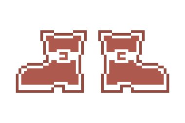 Bir çift Noel Baba botu, beyaz şeker kremalı pikselli zencefilli kurabiye, beyaz arka planda 8 bit yiyecek ikonu. Noel bisküvisi tatlısı. Kış ayakkabıları bayram pastasını şekillendirir.