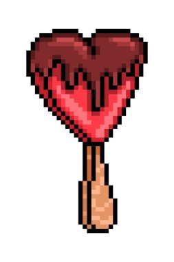 Beyaz arka planda izole edilmiş çikolata damlayan bir çubuğun üzerine pikselli sanat eseri kırmızısı kalp şeklinde dondurma. Sevgililer Günü tatlısı. Romantik akşam yemeği ziyafeti. Düğün pastası patlaması. Aşk sembolü.