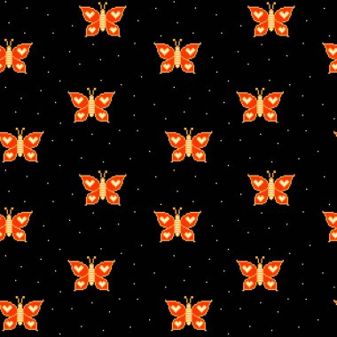 Pikselin kusursuz deseni, gece gökyüzünde uçuşan turuncu kelebekler, siyaha izole. 8 bitlik güveler. 80 'ler, 90' lar tarzı Sevgililer Günü baskısı. Moda tekstili ve yüzey tasarımı için romantik arkaplan.