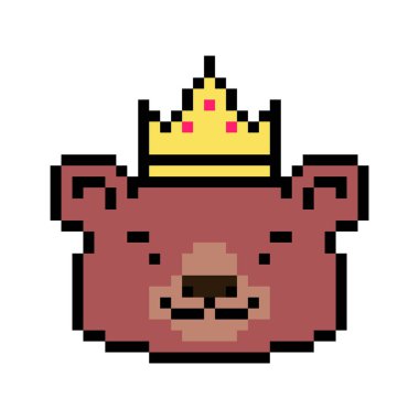 Altın kaplamalı mutlu kral ayı, beyaz arka planda izole edilmiş pikselli sanat karakteri kafası. Eski usul 8 bit slot makinesi, video oyunu grafikleri. Hayvan kraliçesi, prenses, prens logosu. Ödül kazanan maskot.