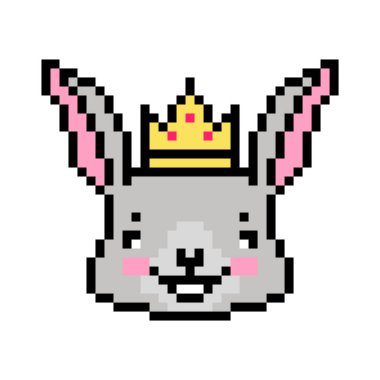 Altın tacın içindeki mutlu kral tavşan, beyaz arka planda izole edilmiş pikselli sanat karakteri kafası. Eski usul 8 bit slot makinesi, video oyunu grafikleri. Hayvan kraliçesi, prenses, prens logosu. Kazanan tavşan maskotu