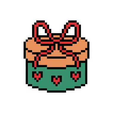 Yuvarlak hediye kutusu kalpler ve kırmızı kurdele yayı, 8 bit piksellik sanat simgesi beyaz arka planda izole edilmiş. Eski moda video oyunu, slot makinesi grafikleri. Sevgililer günü, doğum günü sürpriz sembolü..