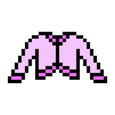 Beyaz arka planda pembe ceketin pikseldeki sanat sembolü. Çocuk modası. Şık çocuk kıyafetleri ikonu. Kadın kazağı. Eski moda 90 'lar, 80' ler 8 bit slot makinesi, video oyunu grafikleri.
