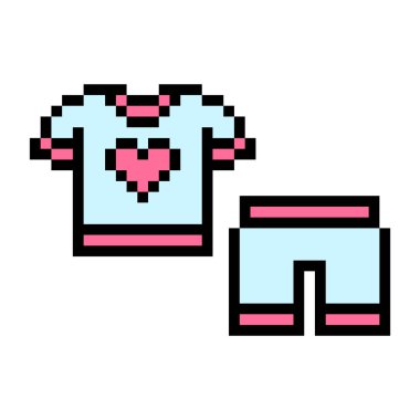 Beyaz arka planda izole edilmiş pikselli çocuk kıyafetleri. Mavi ve pembe şort ve üzerinde kalp izi olan tişört. Eski moda 90 'lar, 80' ler 8 bit slot makinesi, 2d video oyunu grafikleri