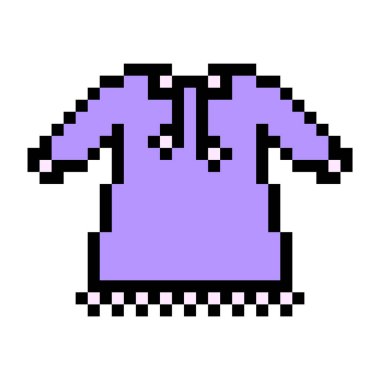 Mor küçük kızların beyaz arka planda izole edilmiş elbisesinin pikselsel sanat sembolü. Çocuk modası. Şık çocuk kıyafetleri ikonu. Eski moda 90 'lar, 80' ler 8 bit slot makinesi, video oyunu grafikleri.