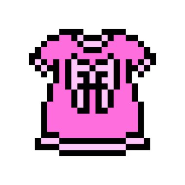 Beyaz arka planda izole edilmiş pembe küçük kızların elbisesinin pikselsel sanat sembolü. Çocuk modası. Şık çocuk kıyafetleri ikonu. Eski moda 90 'lar, 80' ler 8 bit slot makinesi, 2d video oyunu grafikleri.