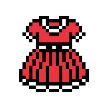 Beyaz arka planda izole edilmiş kırmızı küçük kızların elbisesinin pikselli sanat sembolü. Çocuk modası. Şık çocuk kıyafetleri ikonu. Eski moda 90 'lar, 80' ler 8 bit slot makinesi, 2d video oyunu grafikleri.