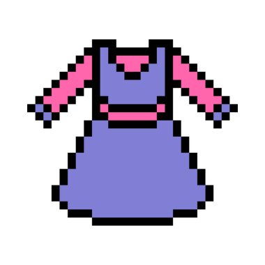 Beyaz arka planda izole edilmiş küçük kızların elbisesinin pikselli sanat sembolü. Çocuk modası. Şık çocuk kıyafetleri ikonu. Eski moda 90 'lar, 80' ler 8 bit slot makinesi, 2d video oyunu grafikleri.
