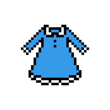 Mavi küçük kızların beyaz arka planda izole edilmiş elbisesinin pikselli sanat sembolü. Çocuk modası. Şık çocuk kıyafetleri ikonu. Eski moda 90 'lar, 80' ler 8 bit slot makinesi, 2d video oyunu grafikleri.